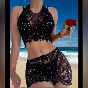 Black Two-Piece Sparkling Fishnet Crop Top & Skirt Cover Up